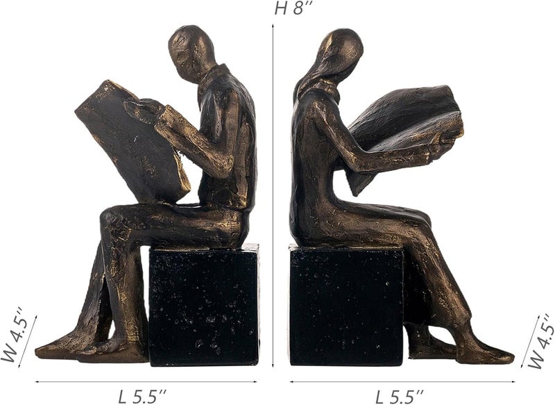 Lukitas Decorative Newspaper Reader Bookends, Heavy Duty Book Holder Non-Slip, Vintage Home Décor Accessories for Study Office Bookshelf, Bronze, Resin, 1Pair/2Piece 8'' - Image 2
